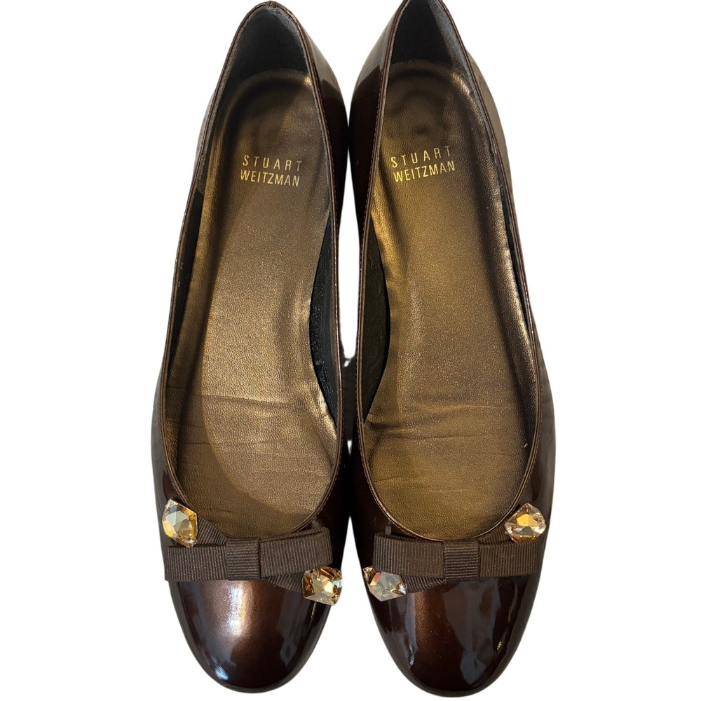 Stuart Weitzman Brown Patent Leather Crystal Bow Ballet Flats Shoes 8M Feminine